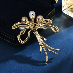 Exquisite golden flower bouquet brooch with freshwater pearls and sparkling zircon accents