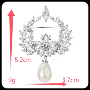 Detail showing dimensions of silver floral zircon brooch with water drop pearl