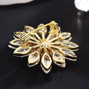 Detailed back view of high-quality sunflower brooch with zircon inlay and safety pin