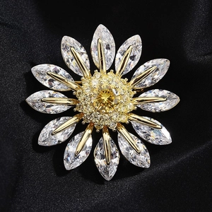 Elegant sunflower brooch with yellow zircon center and sparkling clear zircon petals