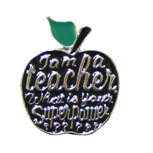 Teacher superpower apple enamel brooch badge with black finish and silver metal outlines