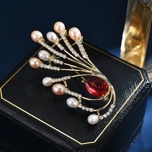 Bow brooch with freshwater pearls, red pear zircon, and gold plating for women