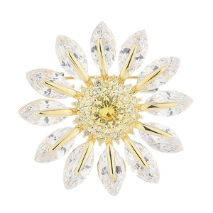 Elegant sunflower brooch with yellow zircon center and marquise crystal petals on gold base