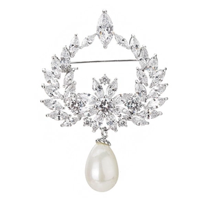 Elegant silver zircon brooch with laurel wreath design and a hanging teardrop pearl