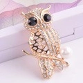 Elegant owl brooch with sparkling white crystals, black gem eyes and a white pearl