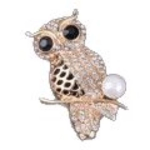 Elegant gold-tone owl brooch featuring sparkling rhinestones and a white pearl accent