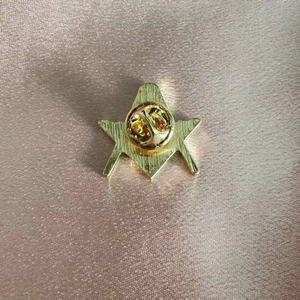 Detailed back view of golden Masonic lapel pin with textured metal finish and butterfly clutch