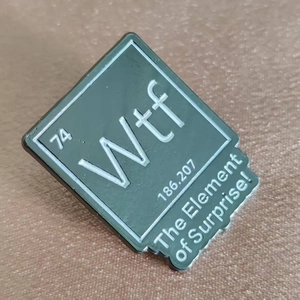 Green periodic table enamel brooch featuring Wtf The Element of Surprise design