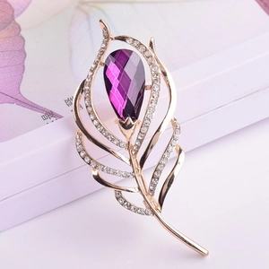 Élégante Broche Plume En Alliage Avec Incrustation De Strass Goutte D'Eau Violette Épingle À Bijoux De Mode Vintage Pour Femmes Accessoires De Banquet Mariage