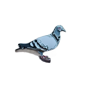 Minimalist pigeon bird brooch with grey and white enamel finish on polished metal