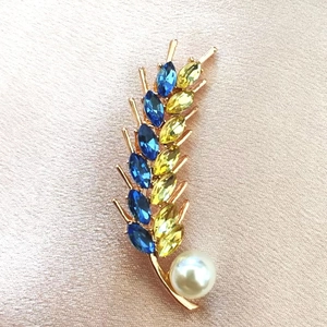 Elegant Wheat Ear Alloy Brooch With Blue Yellow Rhinestones And Faux Artificial Pearl For Women Fashion Jewelry Suit Pin Accessory