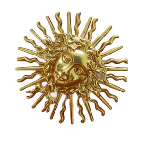 Retro golden sun goddess metal brooch with classical facial relief and sunburst rays
