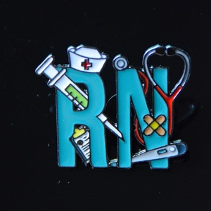 Blue Registered Nurse RN enamel brooch with stethoscope and medical icons on black background