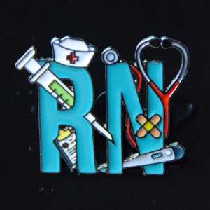 RN registered nurse enamel brooch with stethoscope and medical tools icons for nurses
