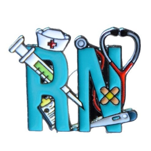 RN Registered Nurse enamel pin badge featuring medical syringe and stethoscope tools