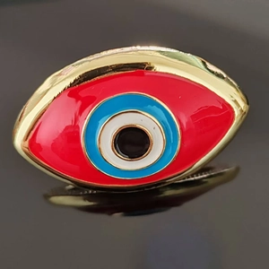 Adjustable evil eye ring with red enamel finish and gold metal border for women
