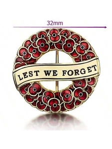 Detailed 32mm Lest We Forget poppy wreath brooch in red enamel and gold finish