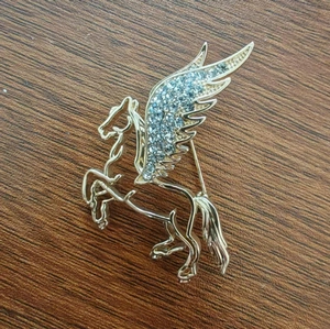 Golden pegasus brooch pin featuring sparkling rhinestones on brown wood background