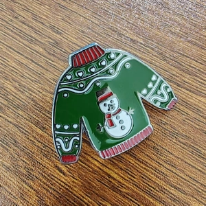 Enamel snowman ugly sweater brooch with vintage green metal and festive holiday details