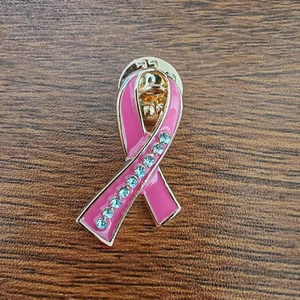 Pink ribbon breast cancer awareness brooch with blue rhinestones and gold plating