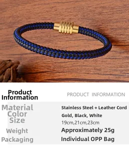 Detail showing size options 19-23cm and magnetic clasp of the woven leather bracelet