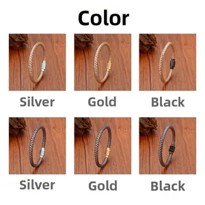 Detail of braided leather bracelets with gold, silver, and black magnetic clasps