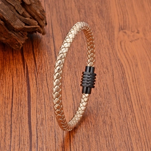 Minimalist woven leather bracelet with geometric black stainless steel magnetic clasp