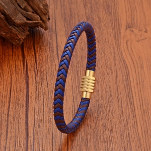 Dual-color woven leather bracelet with blue and brown ropes and golden magnetic buckle