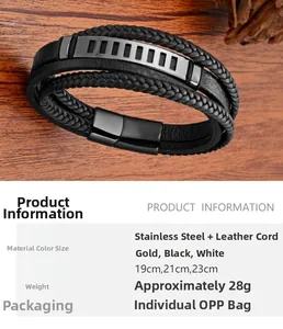 Detail view of multi-layer leather bracelet with stainless steel magnetic clasp and metal plate