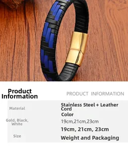 Dettaglio di un bracciale in pelle intrecciata con una chiusura magnetica in acciaio dorato