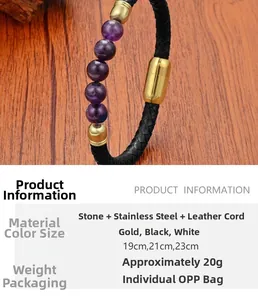 Vue détaillée de perles en pierre naturelle violette sur bracelet en cuir tressé noir et or