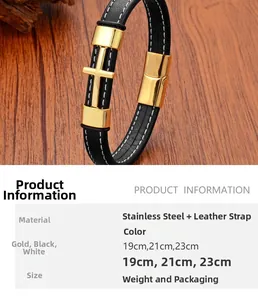 Detailed close-up of punk braided leather cross bracelet with golden magnetic clasp