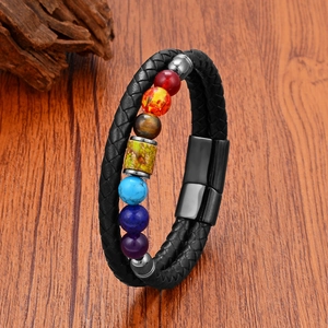 Seven Chakra Stone Braided Leather Bracelet For Men Women Stainless Steel Magnetic Clasp Seven Colors Healing Bead Jewelry