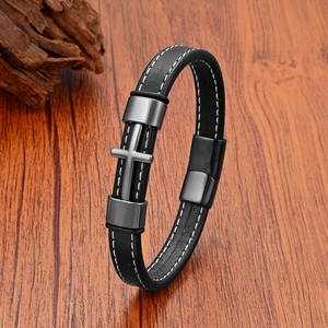 Men's punk multi-layer leather cross bracelet with contrast stitching and magnetic clasp