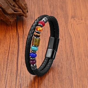 Double-layer braided leather bracelet with colorful stone beads and magnetic metal clasp