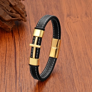 Men's Punk Cross Leather Bracelet Stainless Steel Magnetic Buckle Braided Wristband Vintage Religious Jewelry Accessory