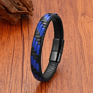 Bracciale da uomo in pelle intrecciata nera e blu con chiusura magnetica in metallo