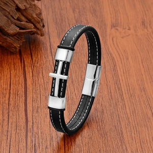 Men's punk leather bracelet with stainless steel cross charm and magnetic clasp