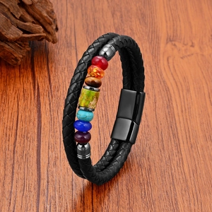 Men's double-layer braided black leather chakra stone bracelet with magnetic clasp