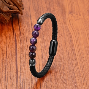 Bracelet en cuir tressé fait main avec cinq perles naturelles d'améthyste violette
