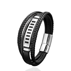 Multilayer black leather braid bracelet for men with hollowed stainless steel metal plate