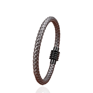 Braided leather bracelet with geometric stainless steel magnetic clasp in black