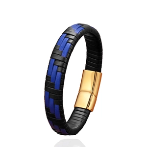 Bracciale multistrato da uomo in pelle intrecciata nera e blu con chiusura magnetica d'oro
