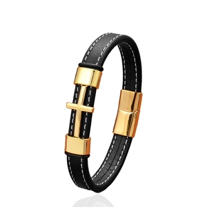 Men's punk braided leather bracelet with golden cross charm and magnetic clasp