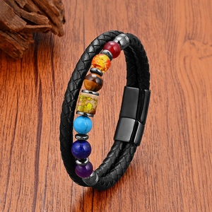 Men's multi-layer black braided leather bracelet with seven colored chakra stone beads