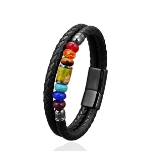 Handcrafted leather chakra bracelet featuring colorful stone beads and a black magnetic clasp