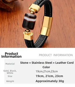 Detail view of woven leather men's bracelet with onyx stone and golden magnetic clasp