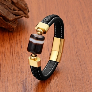 Mens woven leather bracelet with striped agate stone bead and gold magnetic buckle