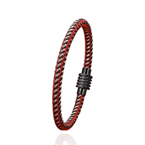 Braided steel wire and leather bracelet with magnetic buckle in red, black, and silver