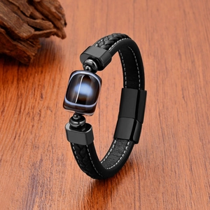 Men Retro Braided Leather Bracelet Stainless Steel Magnetic Clasp Agate Stone Geometric Charm Handwoven Casual Jewelry Gift